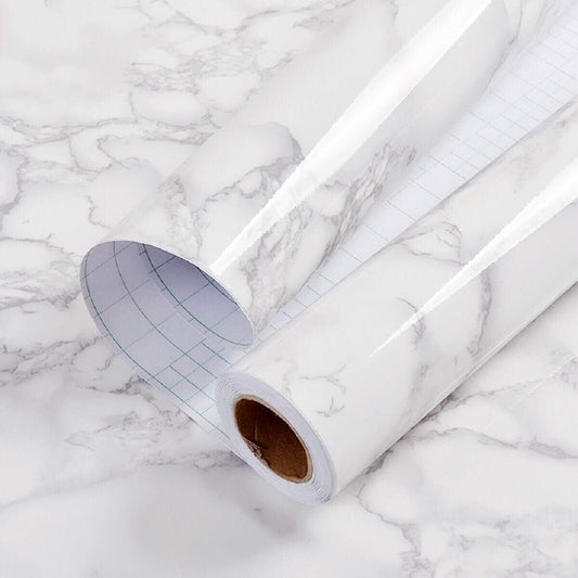 Glossy Marble Contact Paper Granite White/Grey Kitchen Countertop Cabinets Furniture Refurbishment Wall Paper Thick Removable Wallpaper Peel and Stick Wall Decor Vinyl Wrap 11.8"X78.7"
